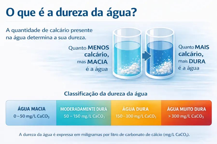 Infográfico sobre a classificação da dureza da água em Portugal em mg/L CaCO3
